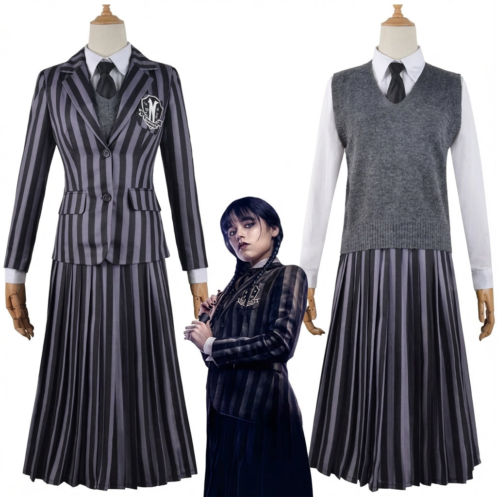 Wednesday-inspired dark uniform dress with white collar detail, displayed on mannequin against neutral background.