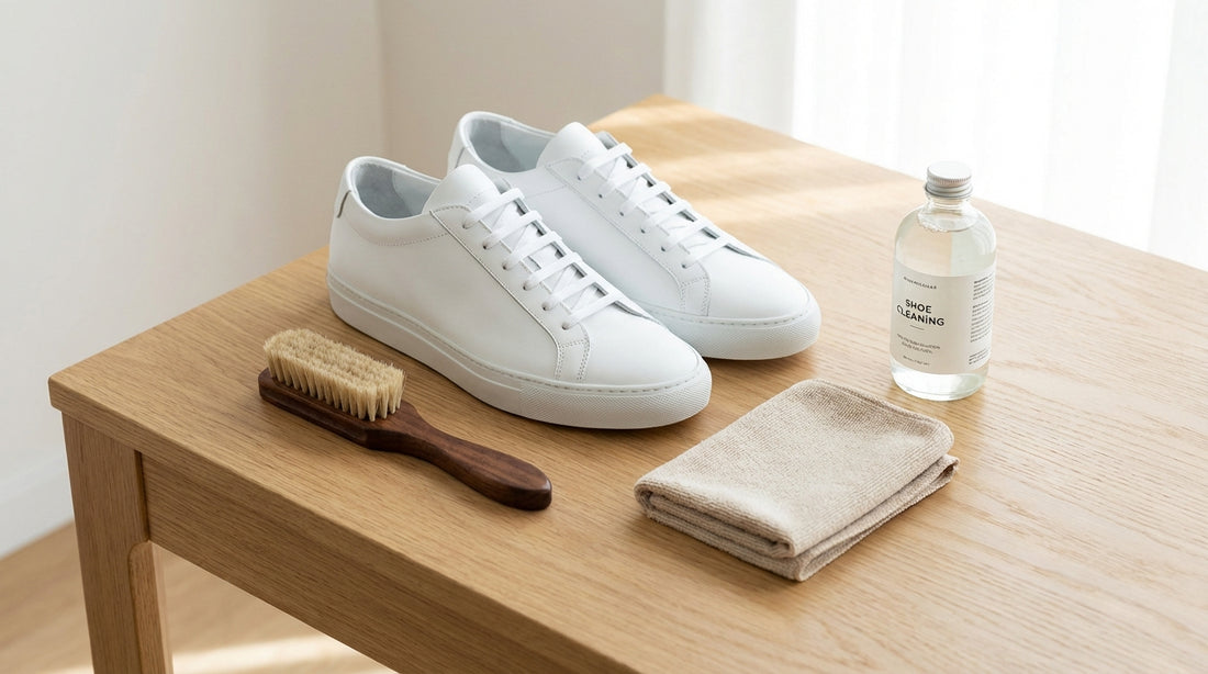 A pristine pair of white leather sneakers resting on a clean wooden table alongside a premium wooden soft-bristle brush, a ne