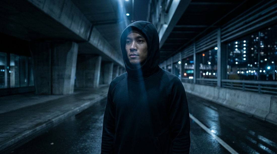 A high-contrast, cinematic shot of a person in a sleek, minimalist hoodie standing in a dimly lit urban space, their sharp ga