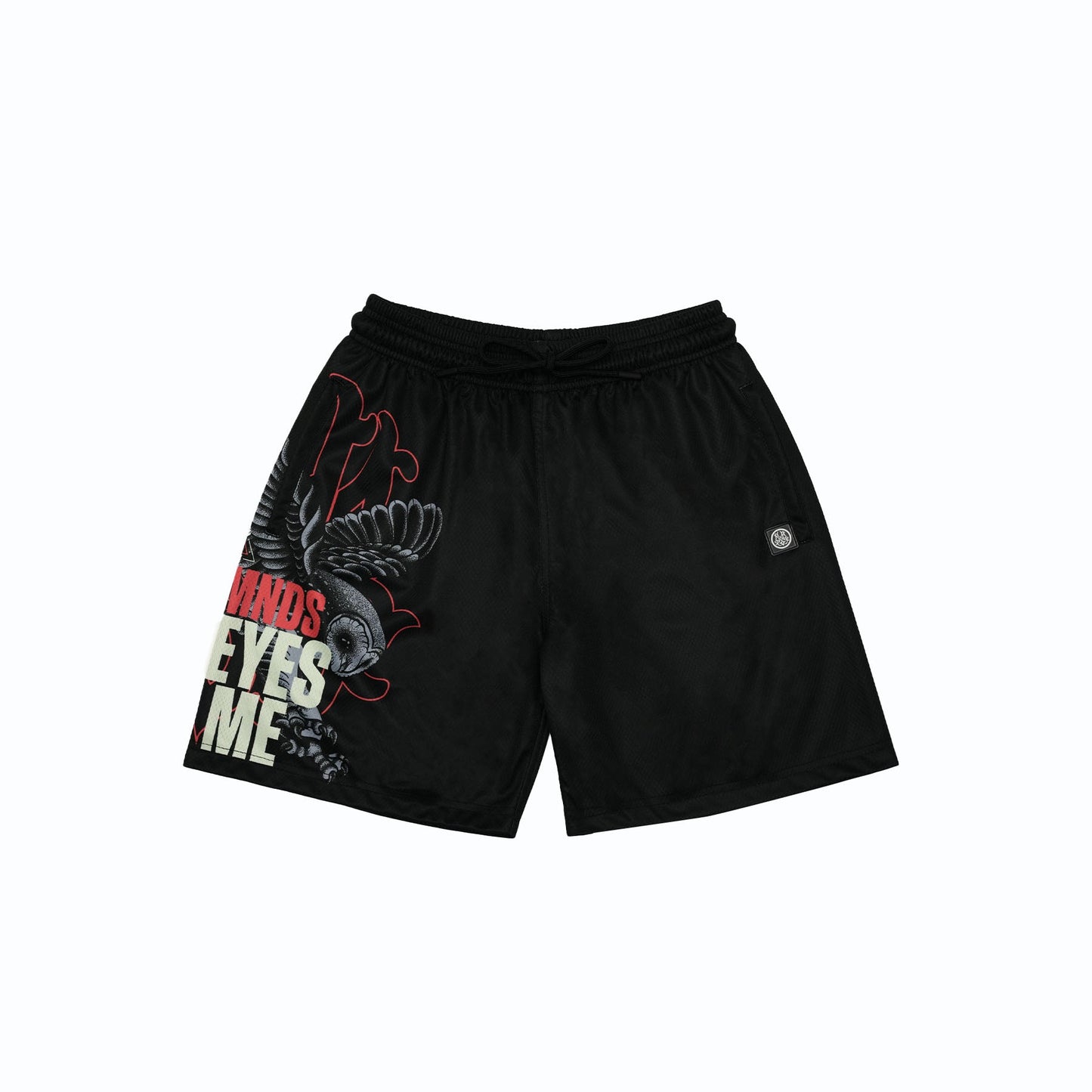 Black cropped tank top and graphic print drawstring mesh shorts.