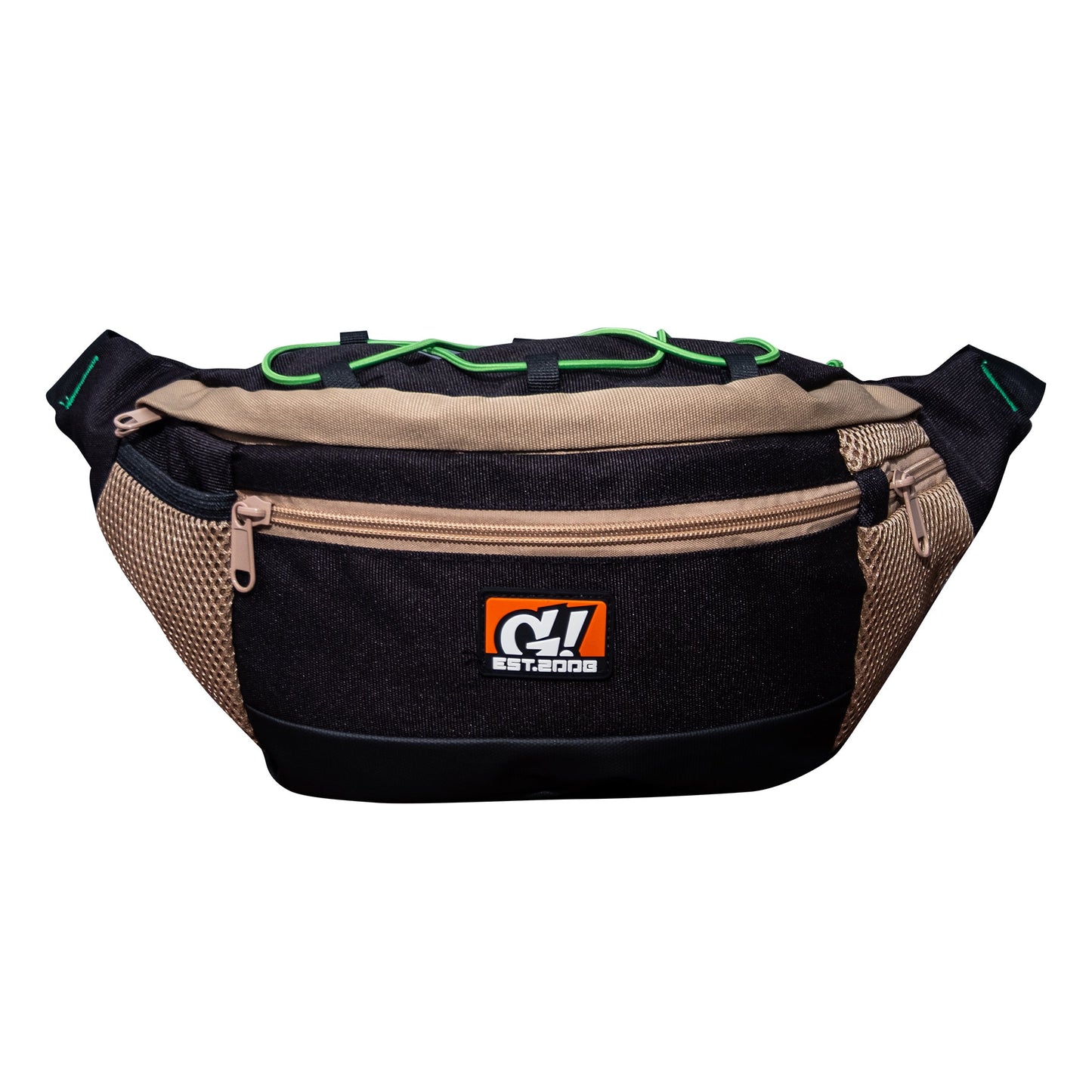 Black and beige nylon belt bag with mesh details and logo.