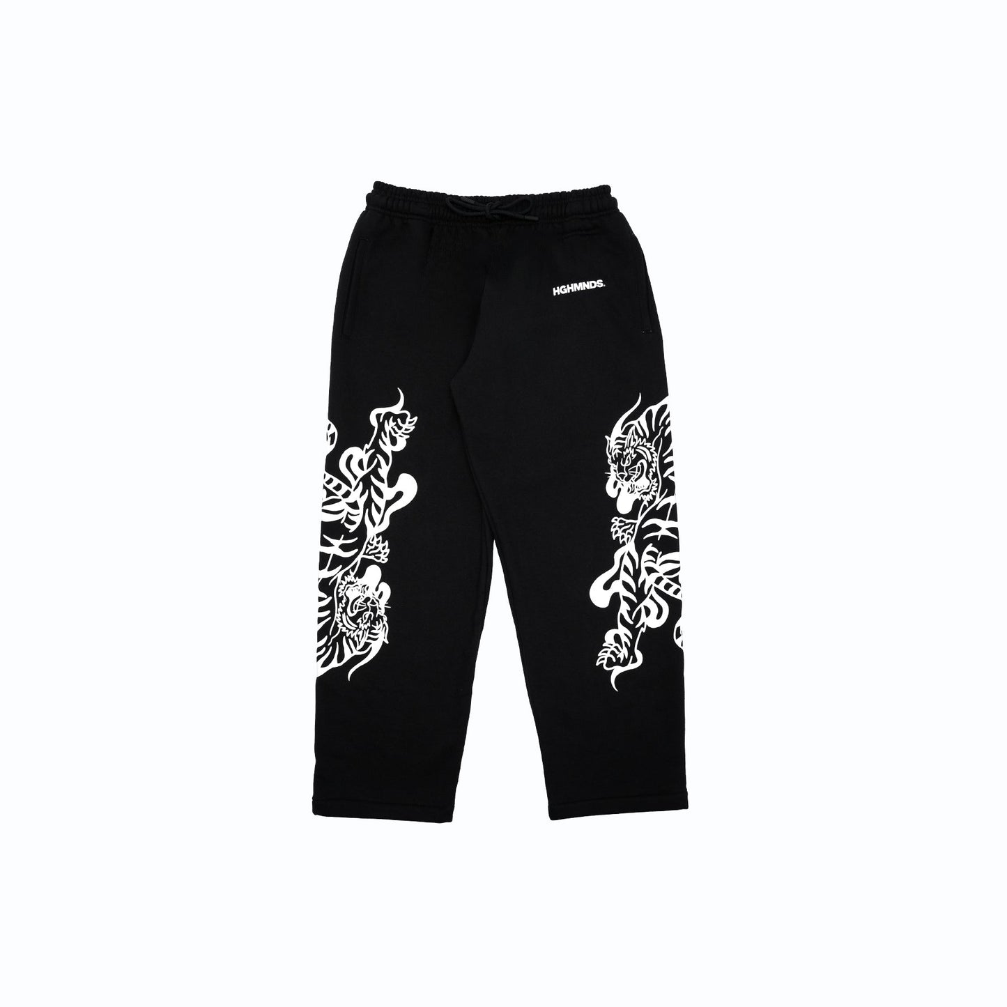 Black fabric with a large white stylized tiger design.