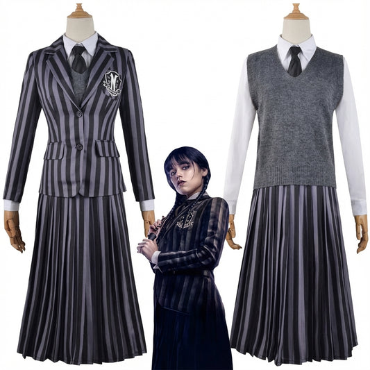 Wednesday-inspired dark uniform dress with white collar detail, displayed on mannequin against neutral background.