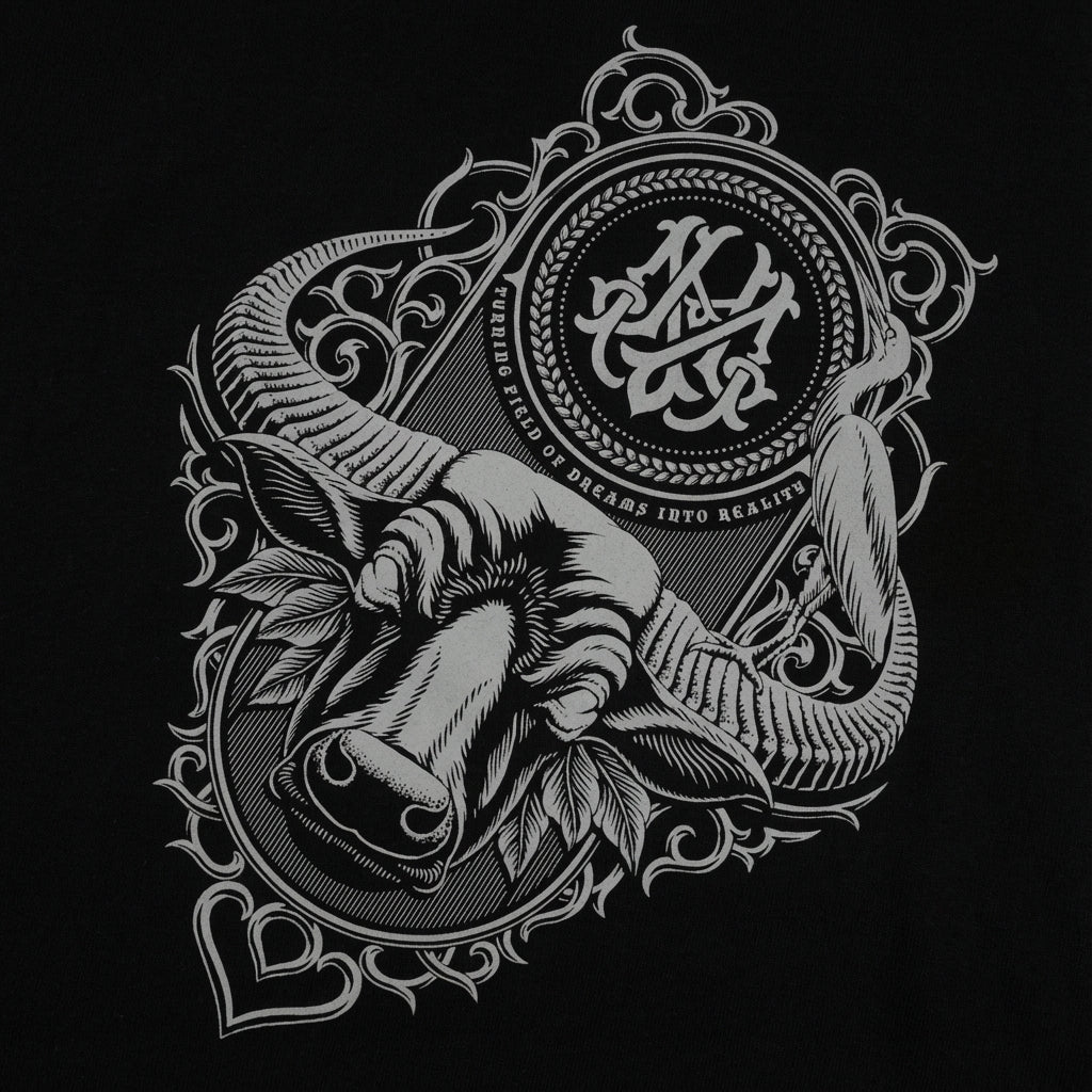 Black t-shirt with detailed gray bull graphic and ornate frame.
