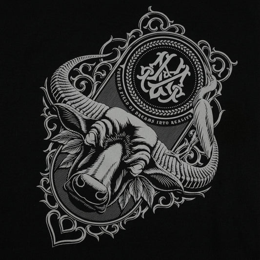 Black t-shirt with detailed gray bull graphic and ornate frame.