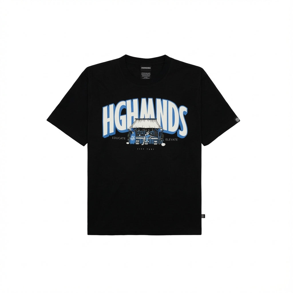 Black cotton t-shirt with "Highminds" graphic and hut illustration.