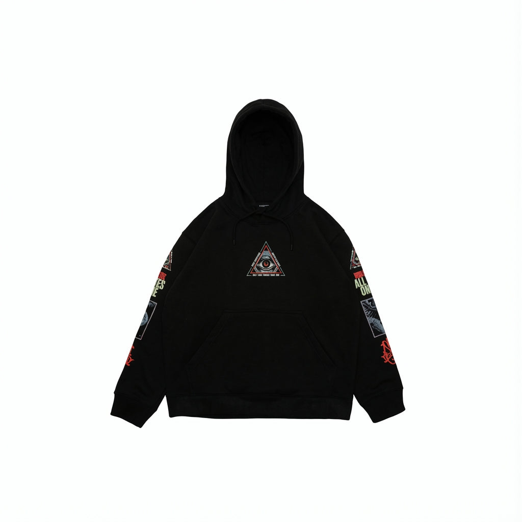 Black graphic hoodie with distressed light wash jeans and white sneakers.