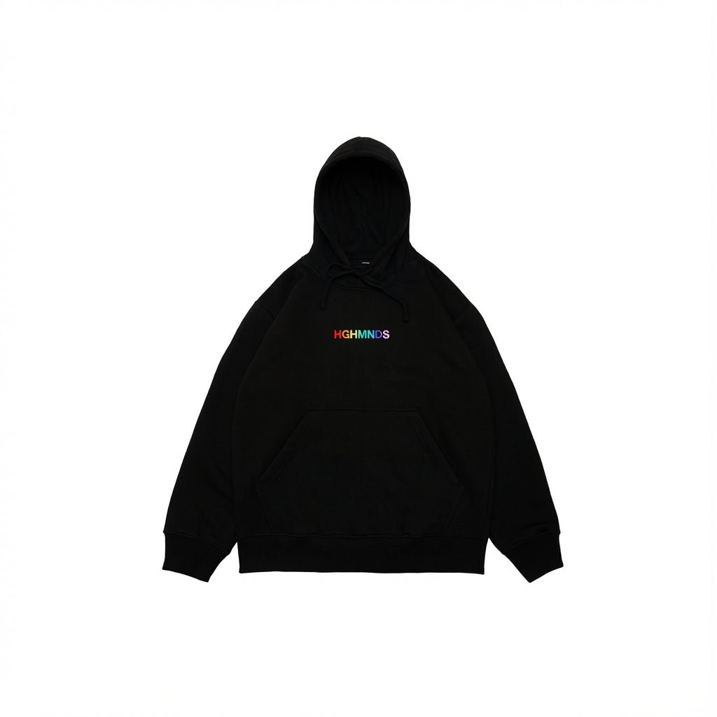 Black fleece hoodie with drawstring, pouch pocket, rainbow logo.