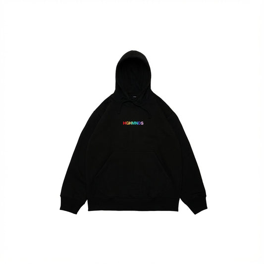 Black fleece hoodie with drawstring, pouch pocket, rainbow logo.