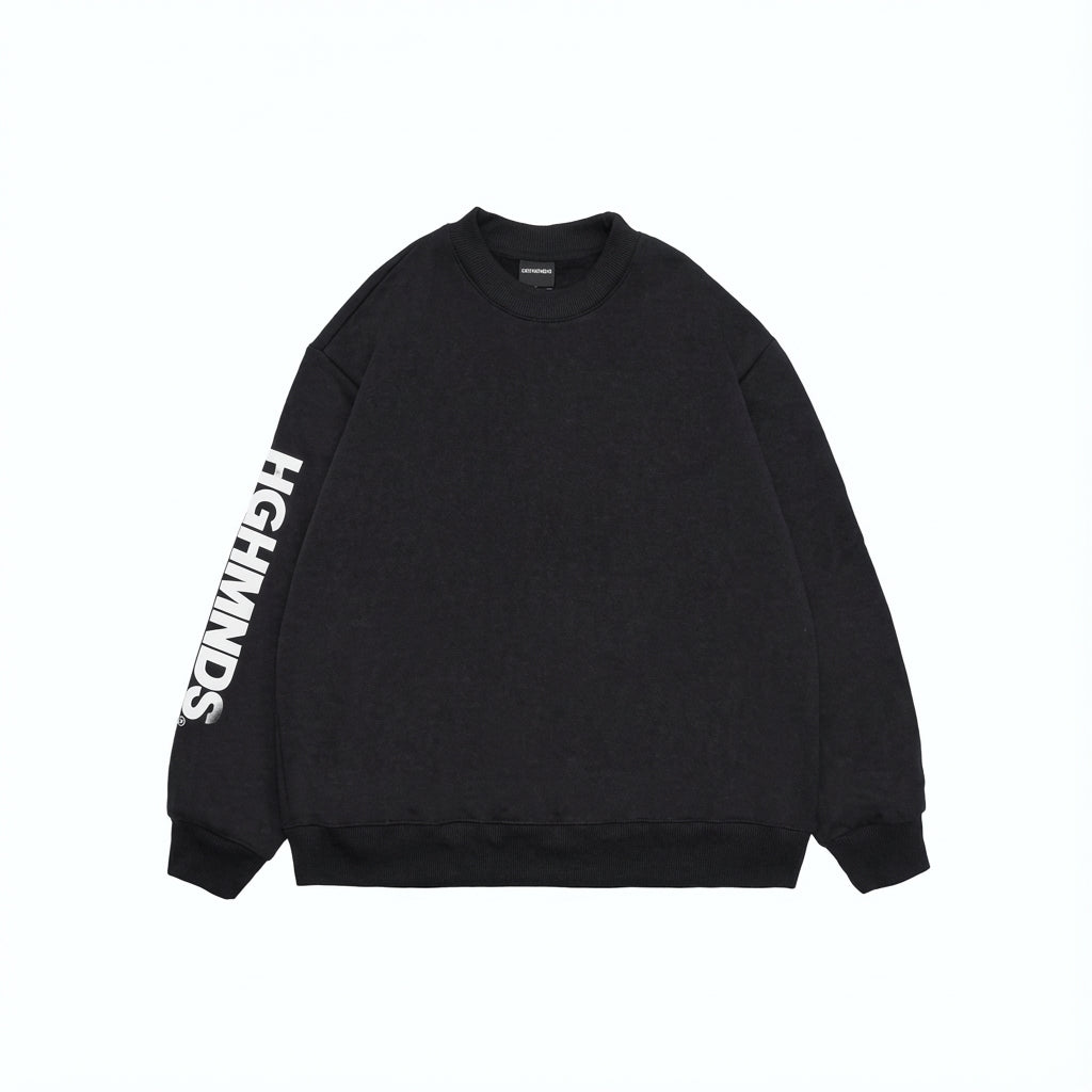 Black sweatshirt and sweatpants with white lettering on the sleeves.