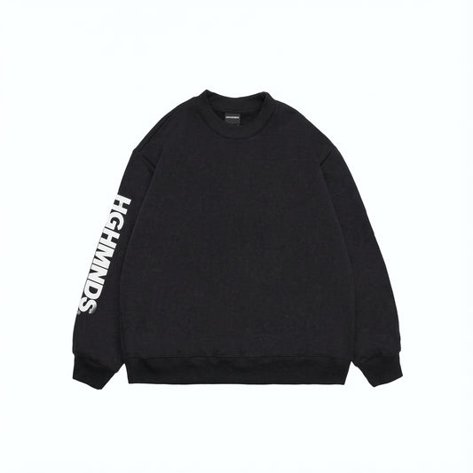 Black sweatshirt and sweatpants with white lettering on the sleeves.