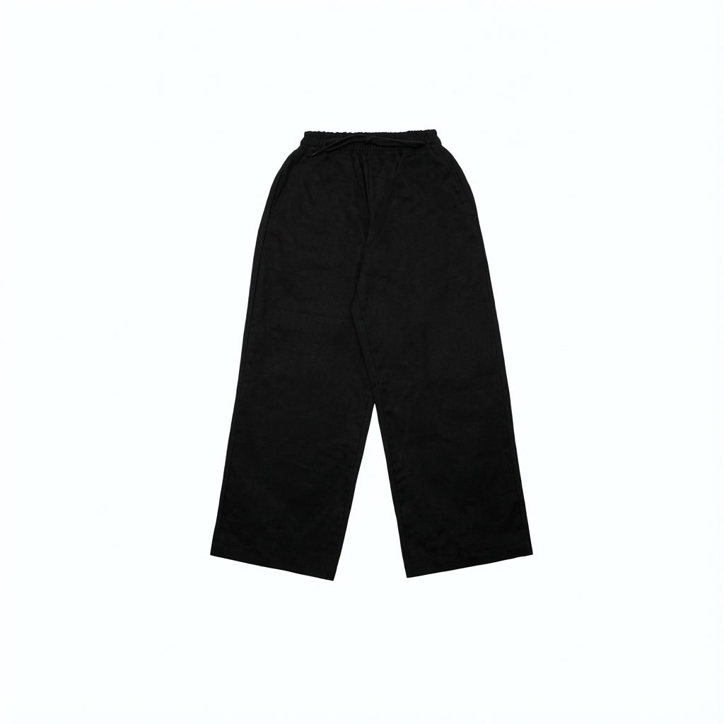 Black wide-leg drawstring pants, relaxed fit, lightweight fabric.