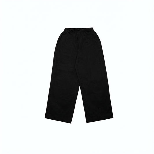 Black wide-leg drawstring pants, relaxed fit, lightweight fabric.