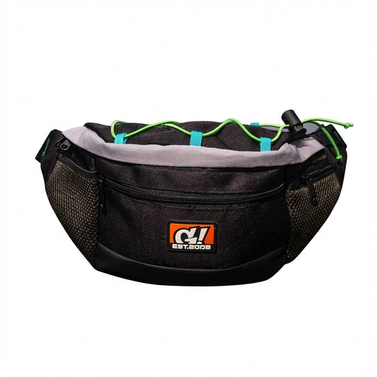 Black nylon sling bag with gray trim and neon cord.