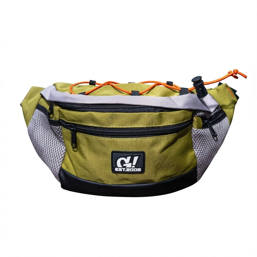 Olive green fanny pack with orange bungee cords and mesh pockets.