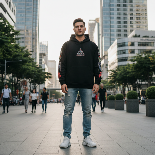 All Eyes Fleece Hoodie with premium silkscreen printed design in vibrant colors.