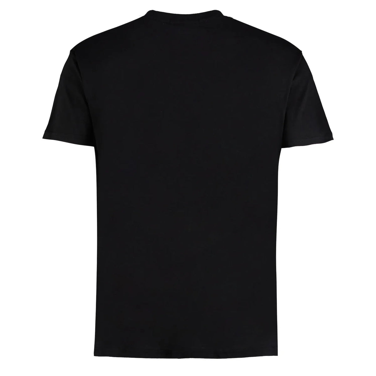 Back view of a plain black short-sleeve t-shirt on a white background.